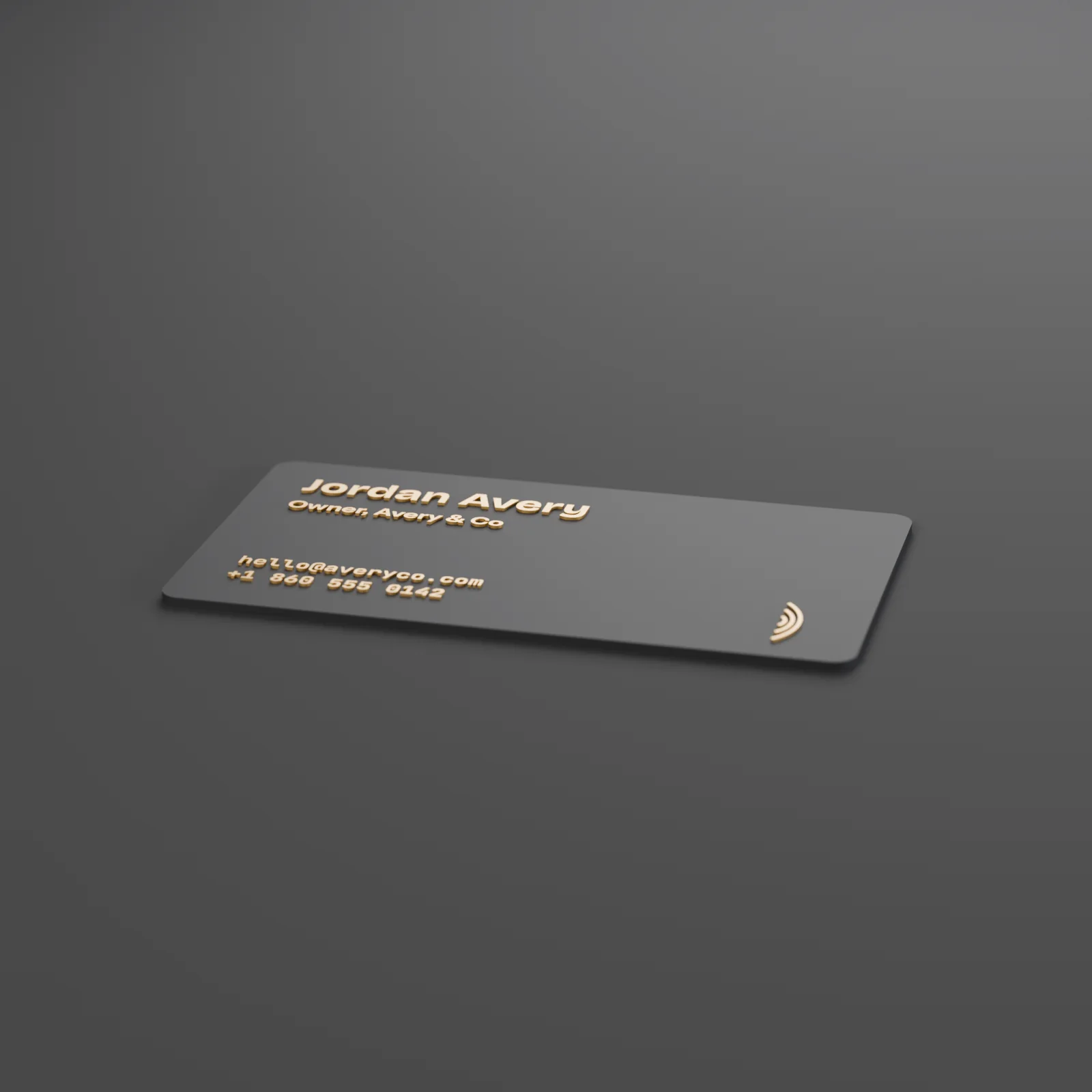 A charcoal tap business card lying on a dark surface, the name Jordan Avery, a title and contact lines in raised gold, with a small gold tap mark in the corner.
