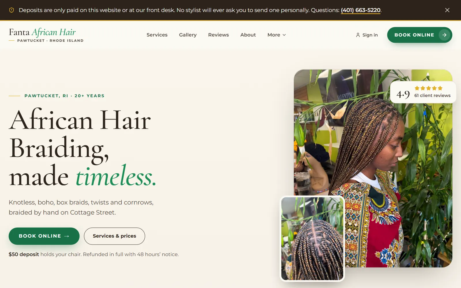 The Fanta African Hair Braiding homepage on a laptop: the heading “African Hair Braiding, made timeless.”, a Book online button, a note that a $50 deposit holds your chair, and photos of finished braids.