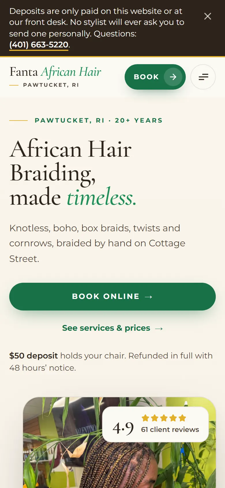 The Fanta African Hair Braiding homepage on a phone: a notice about where deposits are paid, the heading, and a Book online button.