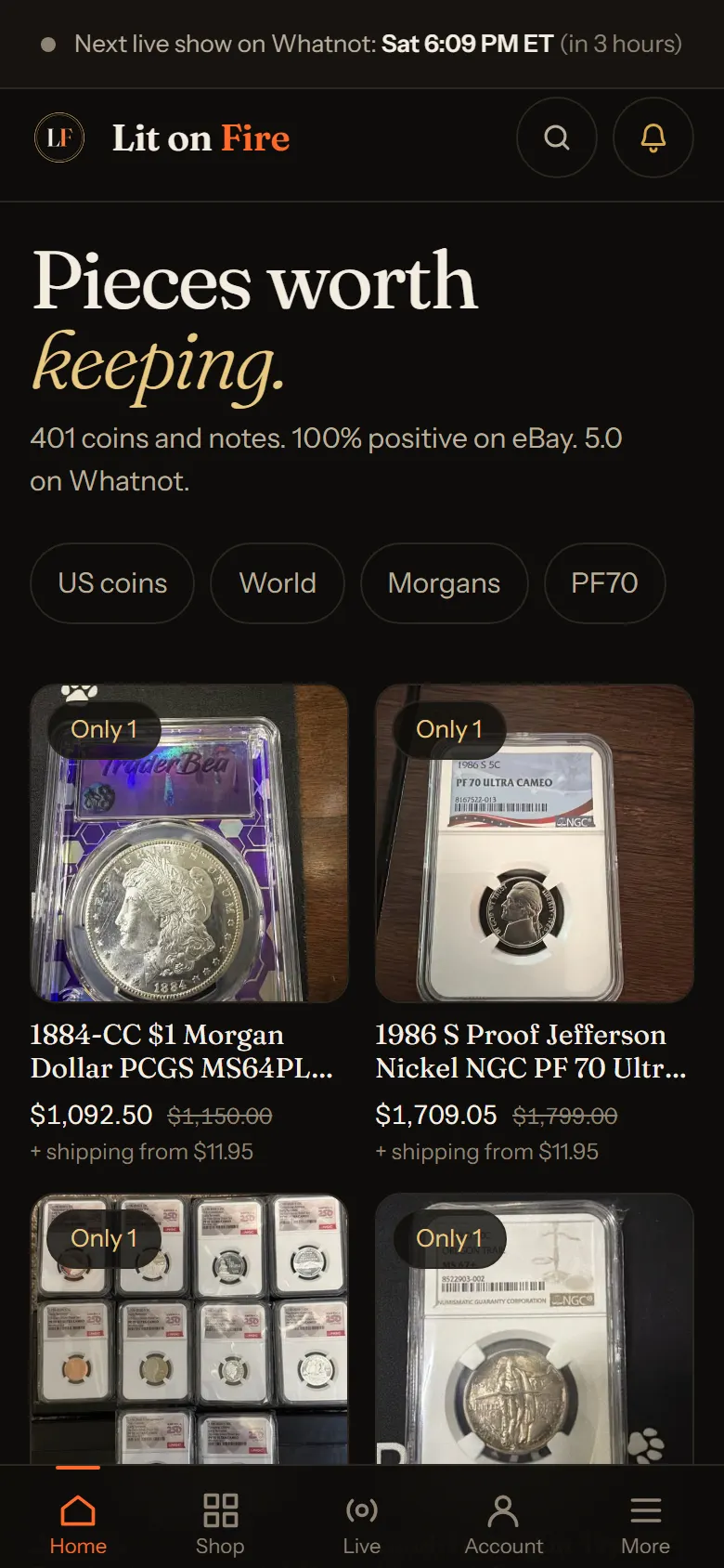 The Lit on Fire Coins homepage on a phone: the same heading over a grid of coins for sale, with a tab bar for Home, Shop, Live and Account.