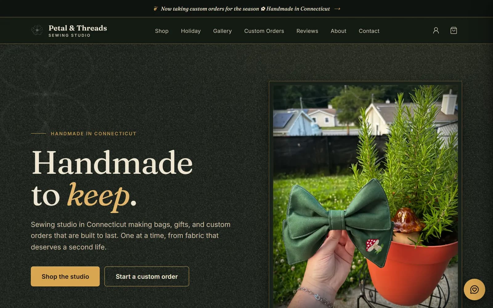 The Petal & Threads homepage on a laptop: a dark green page headed “Handmade to keep.”, Shop the studio and Start a custom order buttons, and a photo of a green handmade bow.