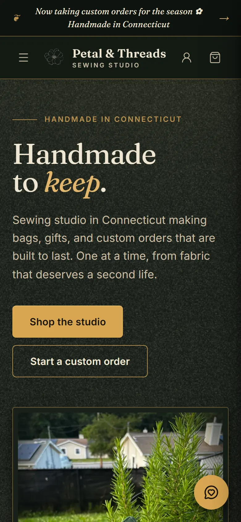 The Petal & Threads homepage on a phone: the same heading and two buttons, with a menu, account and cart icon at the top.