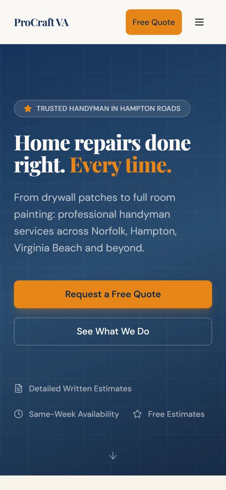 The ProCraft VA homepage on a phone: the same heading over a full-width Request a Free Quote button, with a Free Quote button and menu at the top.